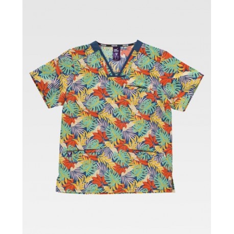 Casaca de manga corta y cuello de pico estampado tropical(B9859)